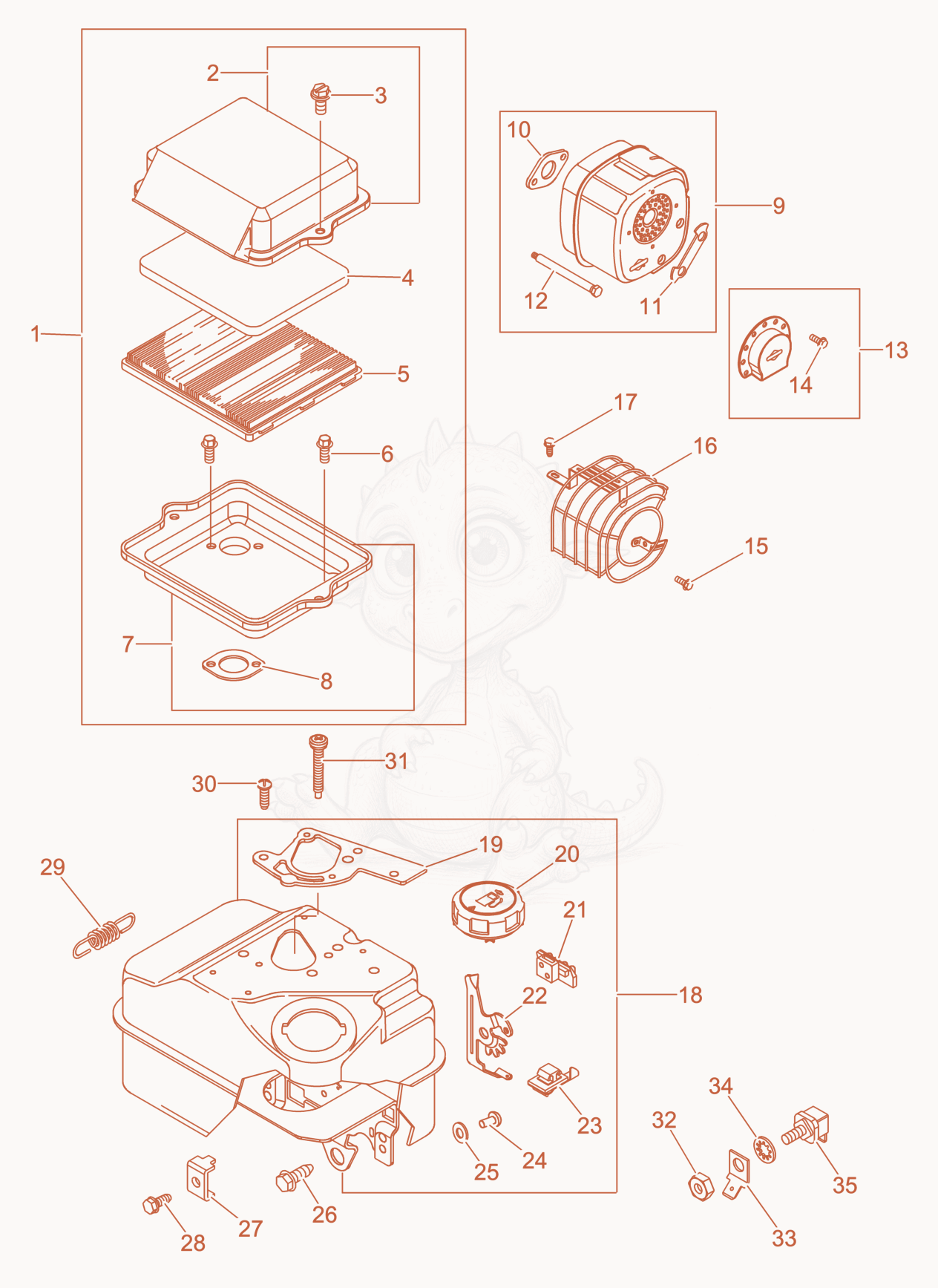 Exploded parts diagram of the Air Cleaner/Muffler/Fuel Tank of a Wacker Neuson CT36BDT-E, with numbered balloons