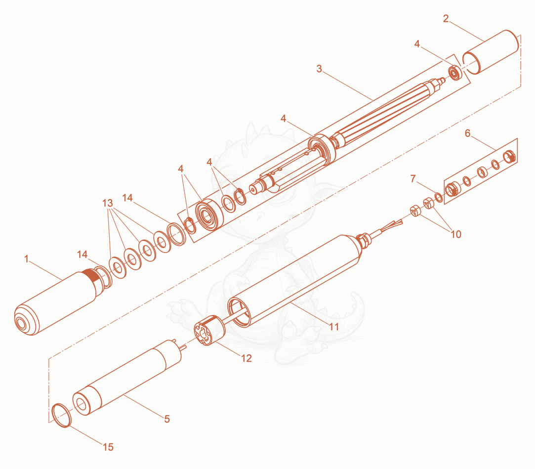 Exploded parts diagram of the Internal Vibrator of a Wacker Neuson IRFU65/230/5GV, with numbered balloons