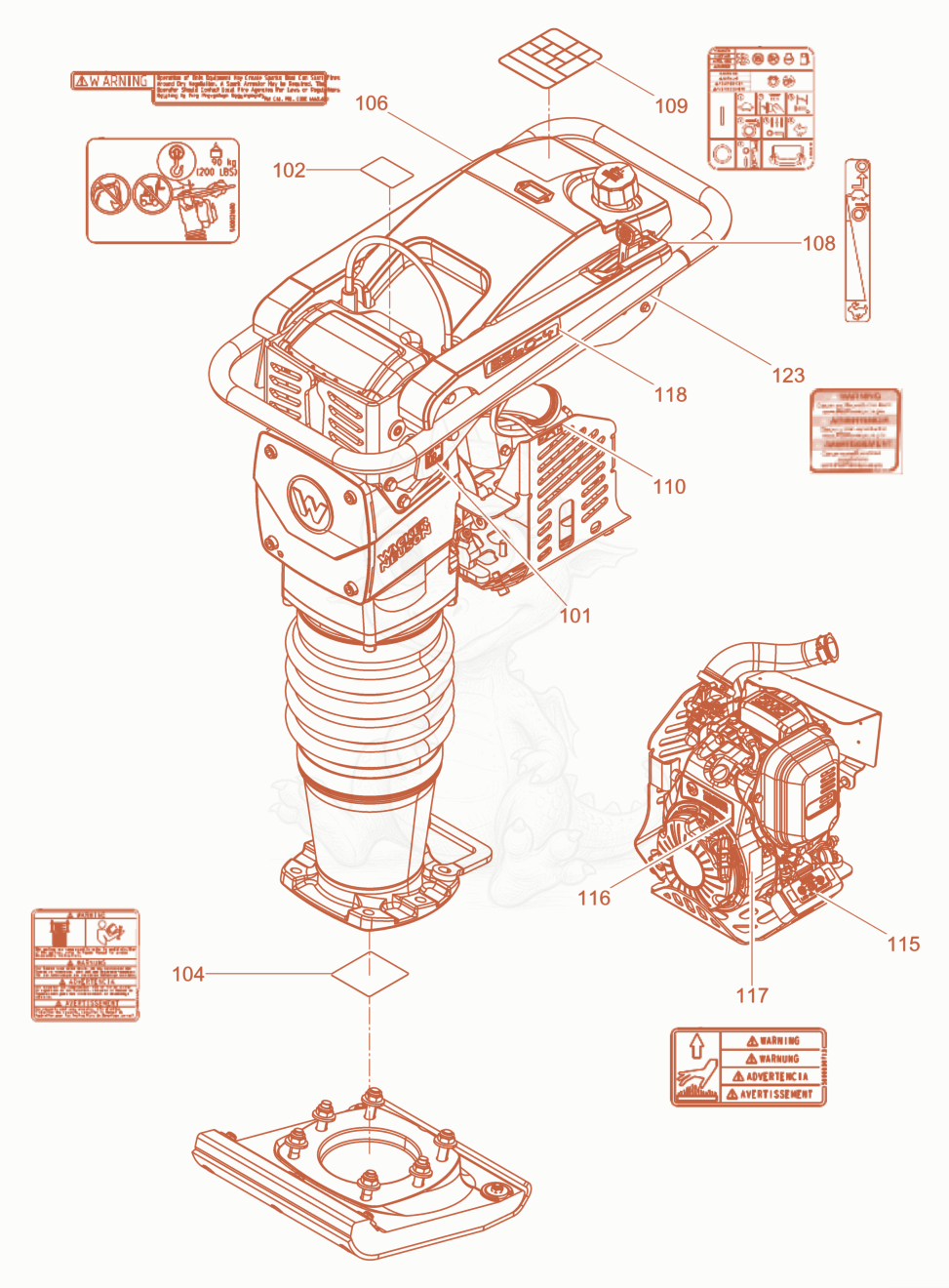 Exploded parts diagram of the Labels of a Wacker Neuson BS60-4AS11INUS, with numbered balloons