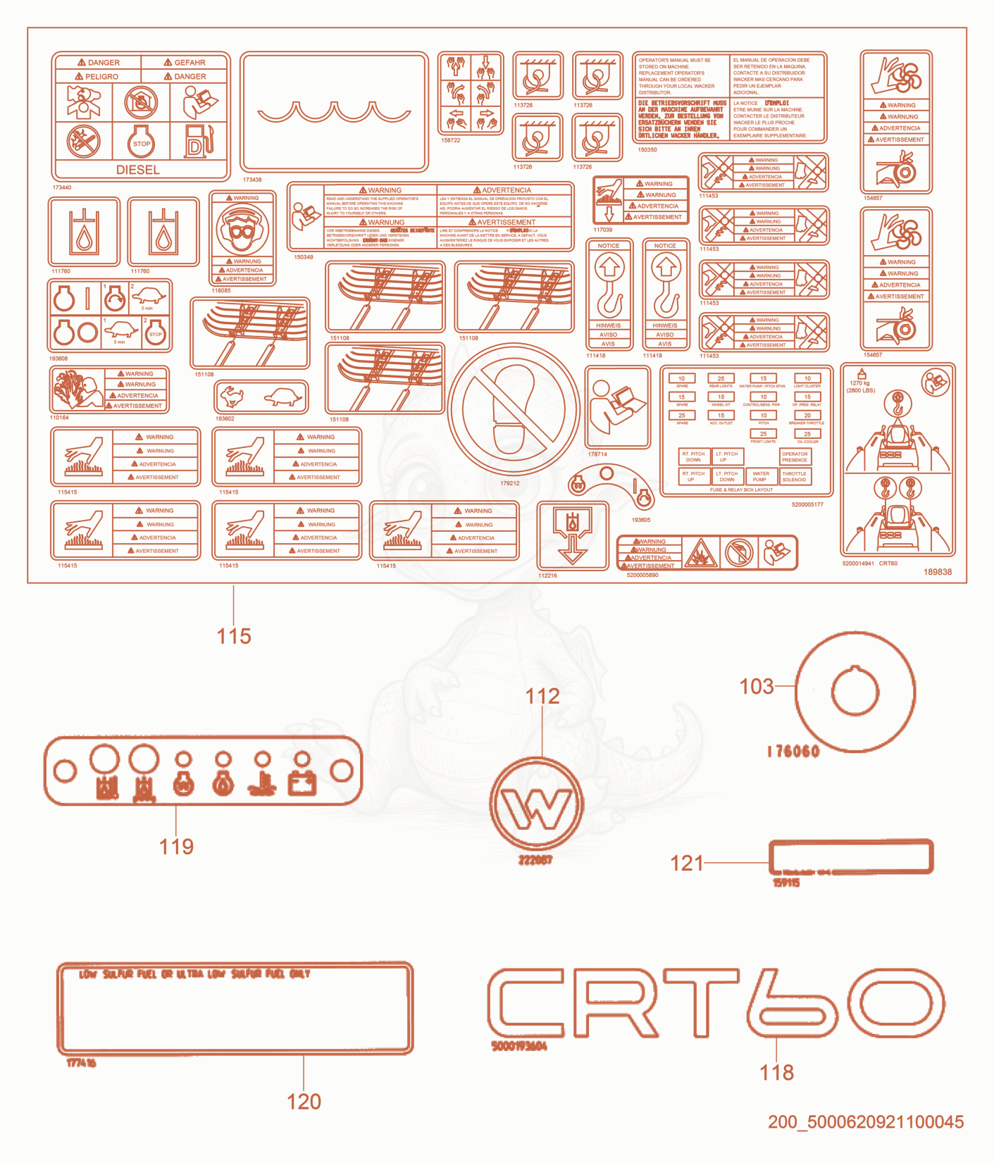 Exploded parts diagram of the Labels of a Wacker Neuson CRT60-66K, with numbered balloons