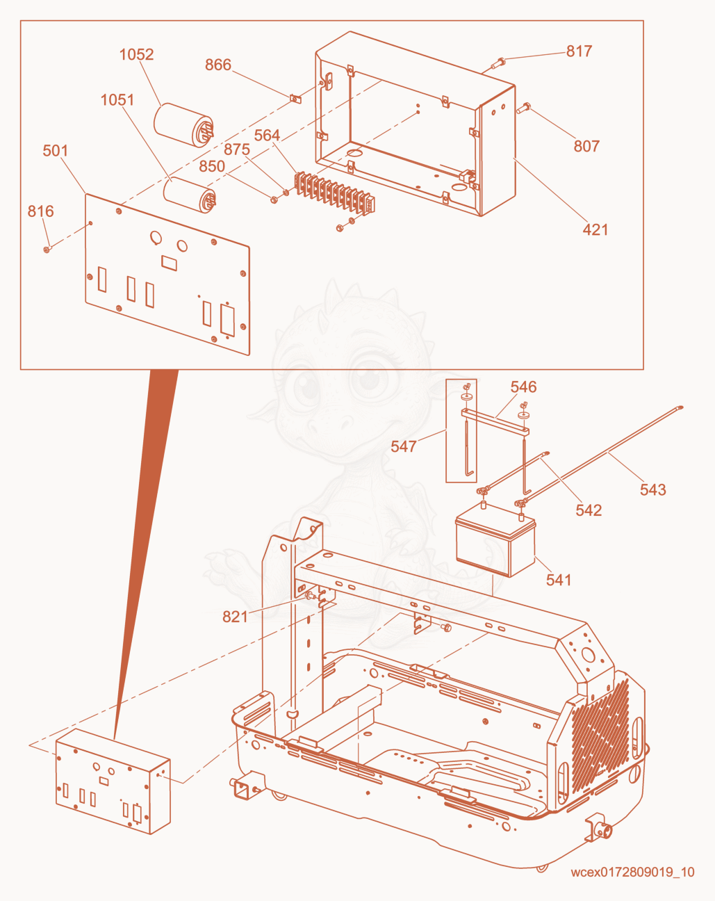 Exploded parts diagram of the Control Box/Battery of a Wacker Neuson LTN8K, with numbered balloons