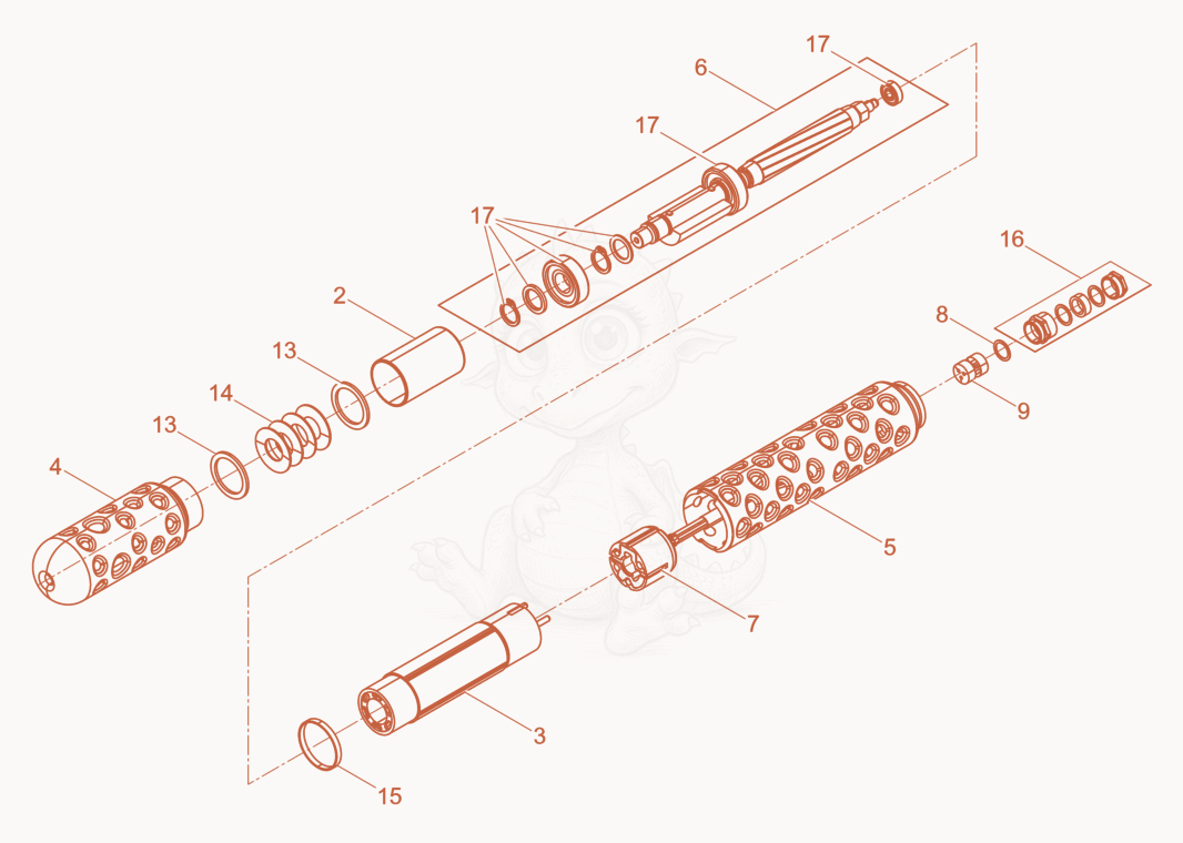 Despiece del Internal Vibrator cpl. de una máquina Wacker Neuson IRFLEX60/120/10HRUS, con globos numerados