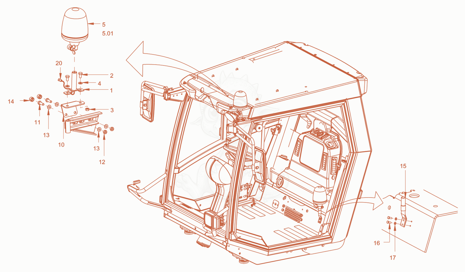 Exploded parts diagram of the rotary beacon of a Wacker Neuson RC110USROPS, with numbered balloons