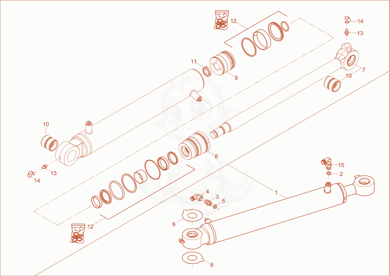 Exploded parts diagram of the boom offset cylinder of a Wacker Neuson ET35, with numbered balloons