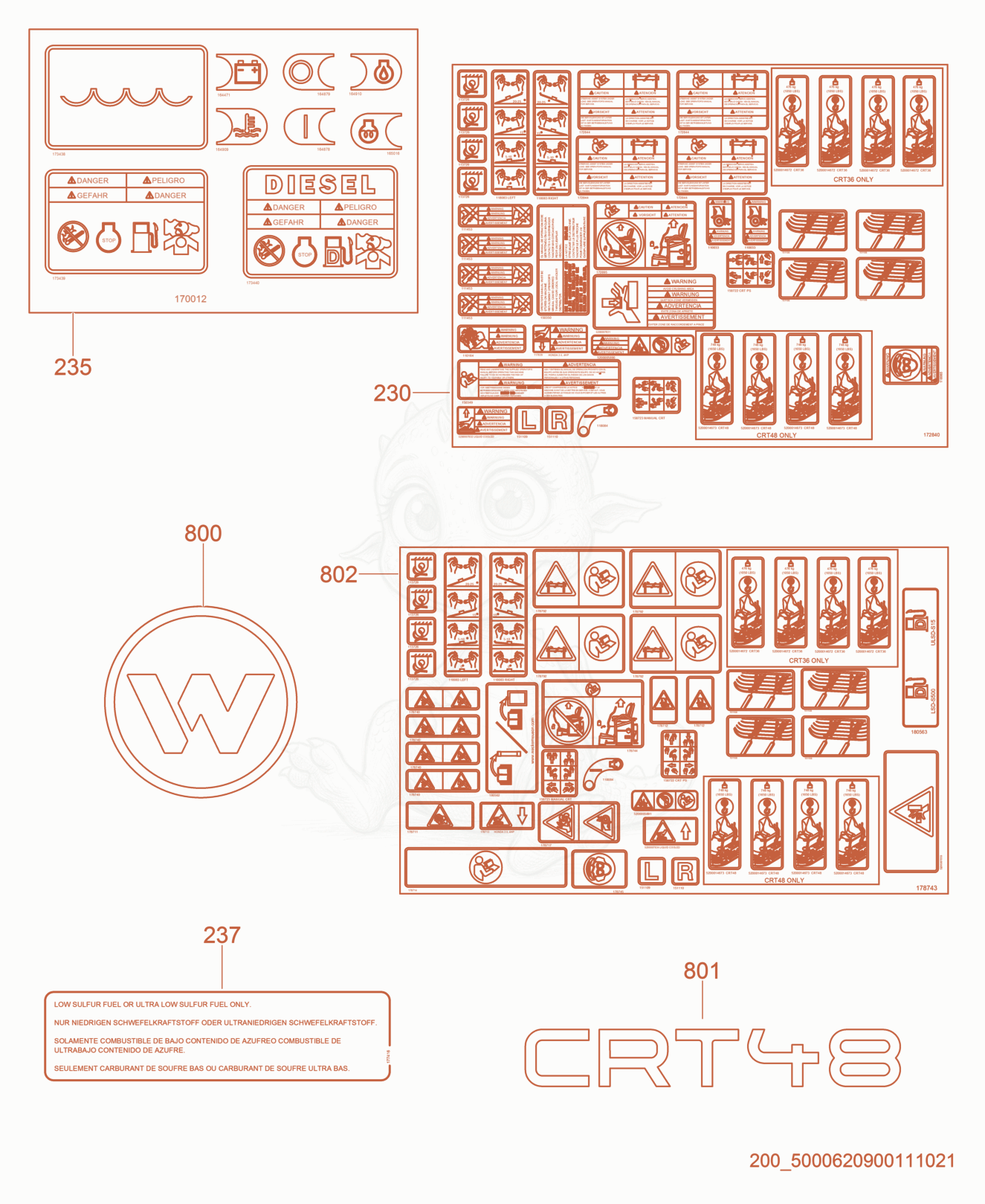 Exploded parts diagram of the Labels of a Wacker Neuson CRT48-35V-PS, with numbered balloons