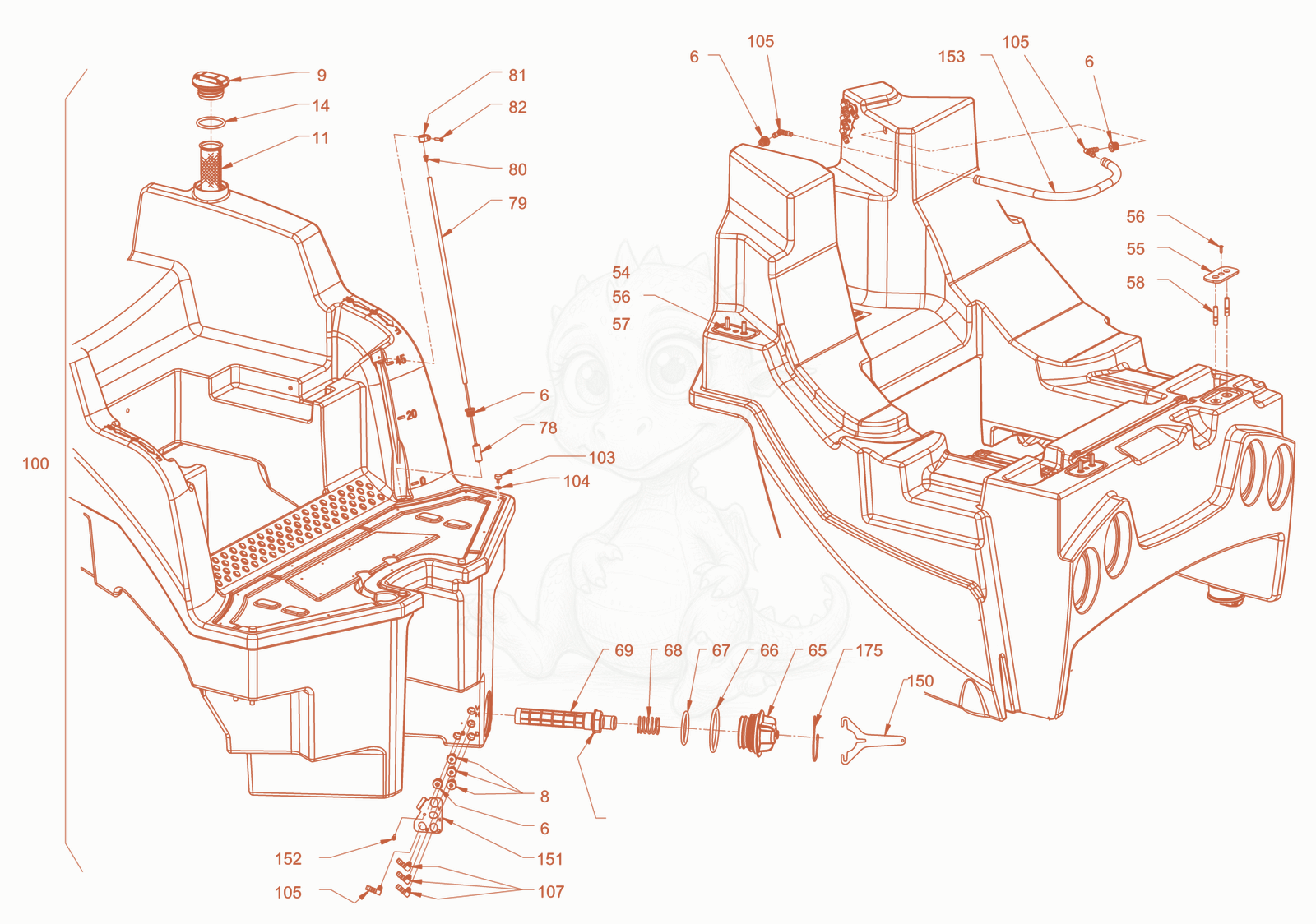 Exploded parts diagram of the sprinkling of a Wacker Neuson RD45-140OUS, with numbered balloons