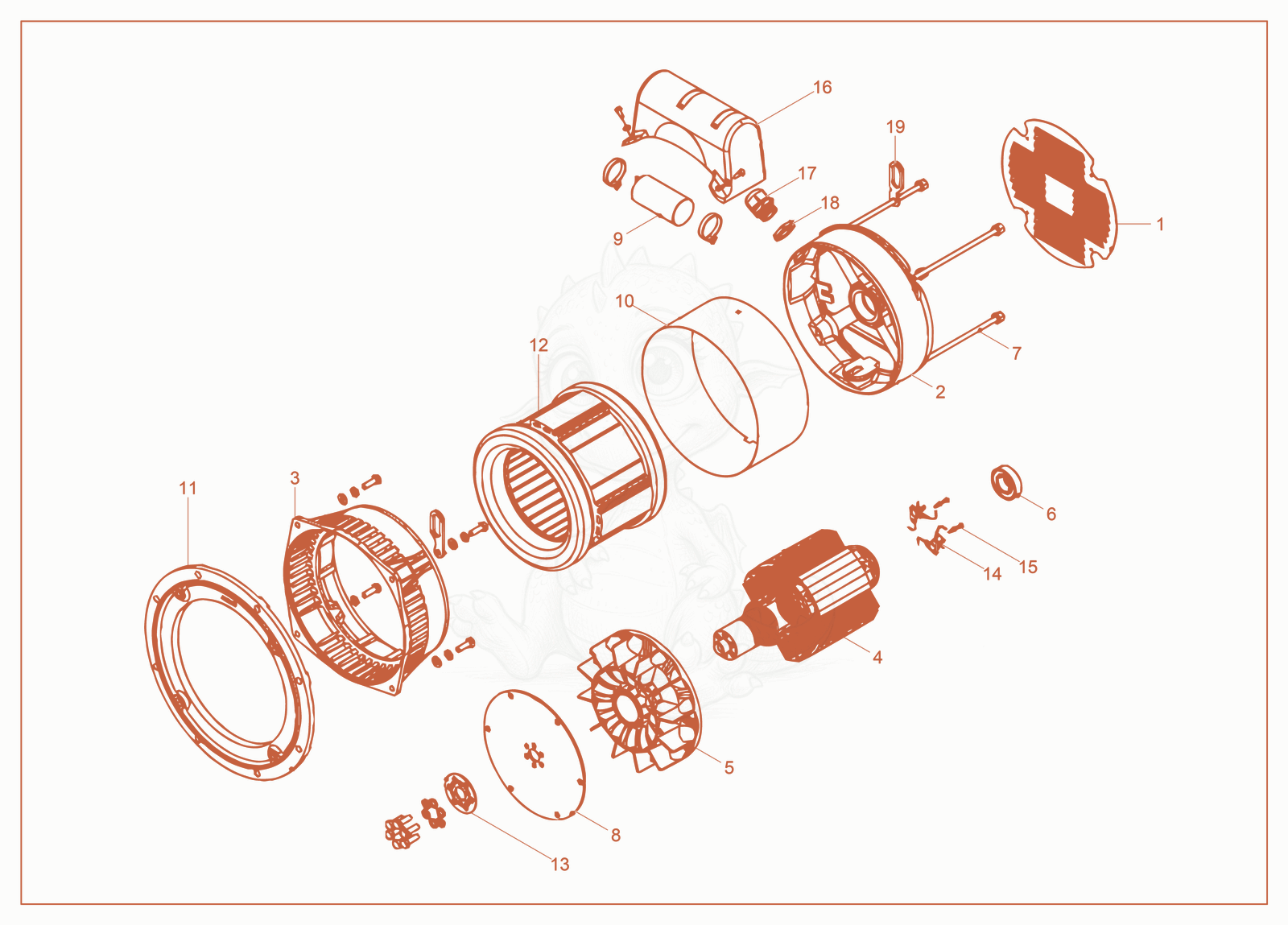 Exploded parts diagram of the Generator cpl. (Mecc Alte) of a Wacker Neuson LTE4K, with numbered balloons