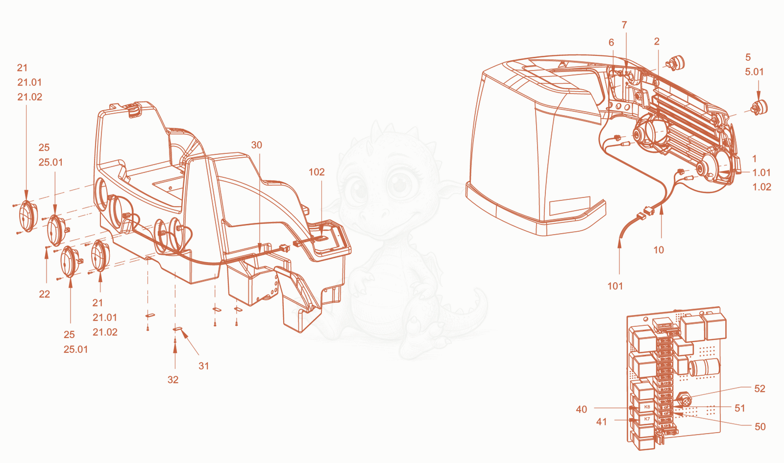Exploded parts diagram of the electrical system lighting of a Wacker Neuson RD45-140, with numbered balloons