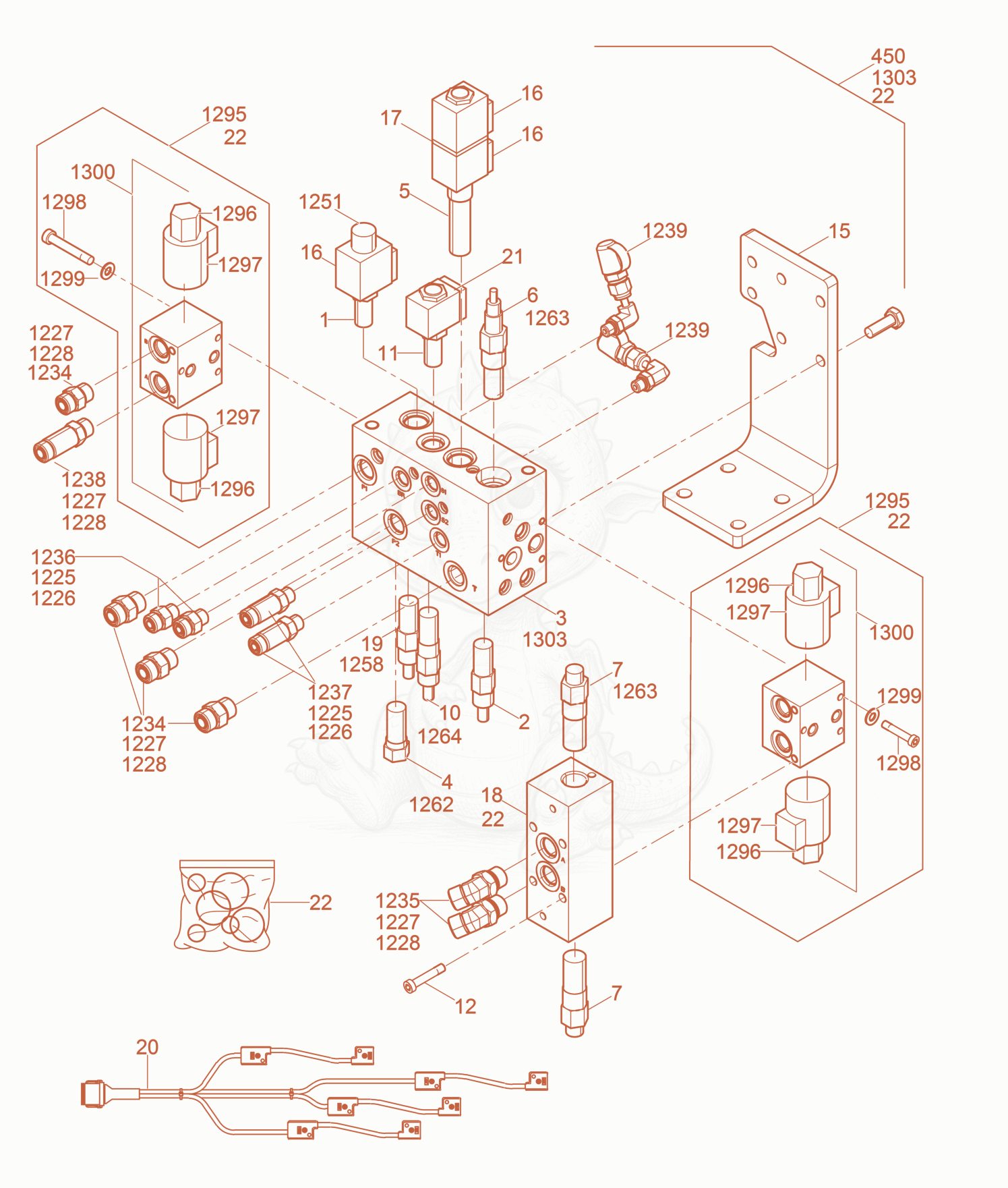 Exploded parts diagram of the Hydraulic Manifold of a Wacker Neuson RT56-SC, with numbered balloons