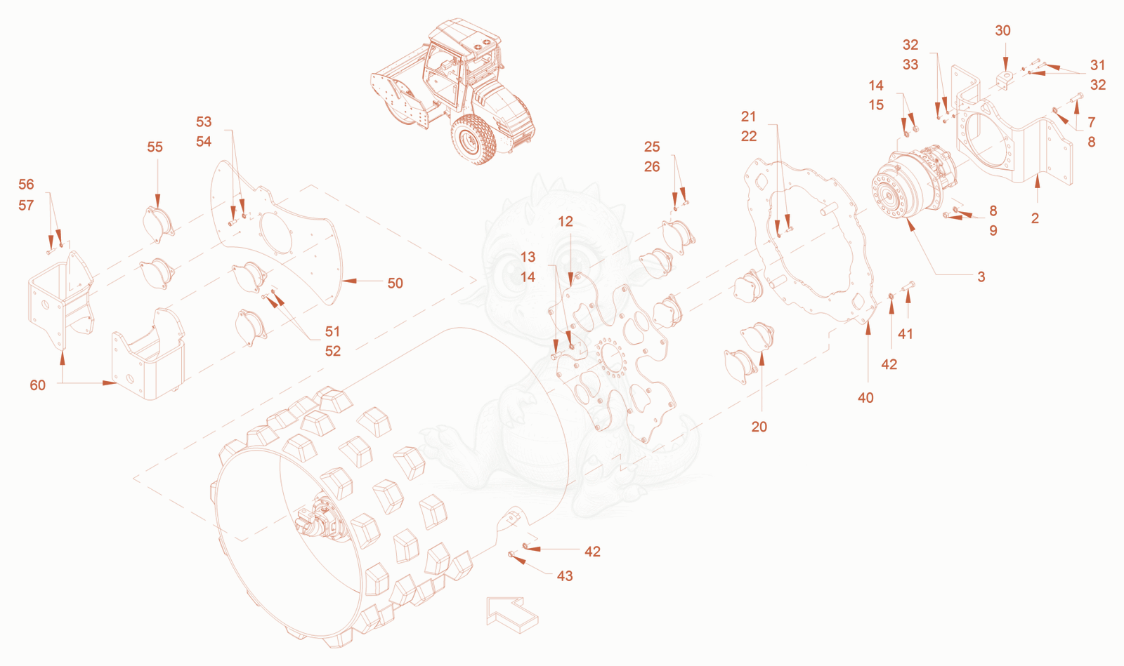 Exploded parts diagram of the mounting of a Wacker Neuson RC70PUS, with numbered balloons