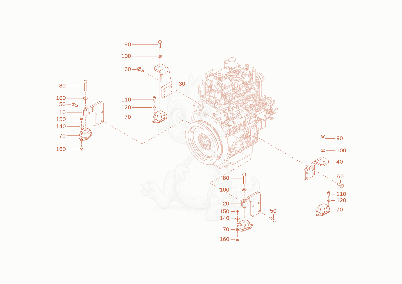 Exploded parts diagram of the engine lodging of a Wacker Neuson WL250(A02-01), with numbered balloons