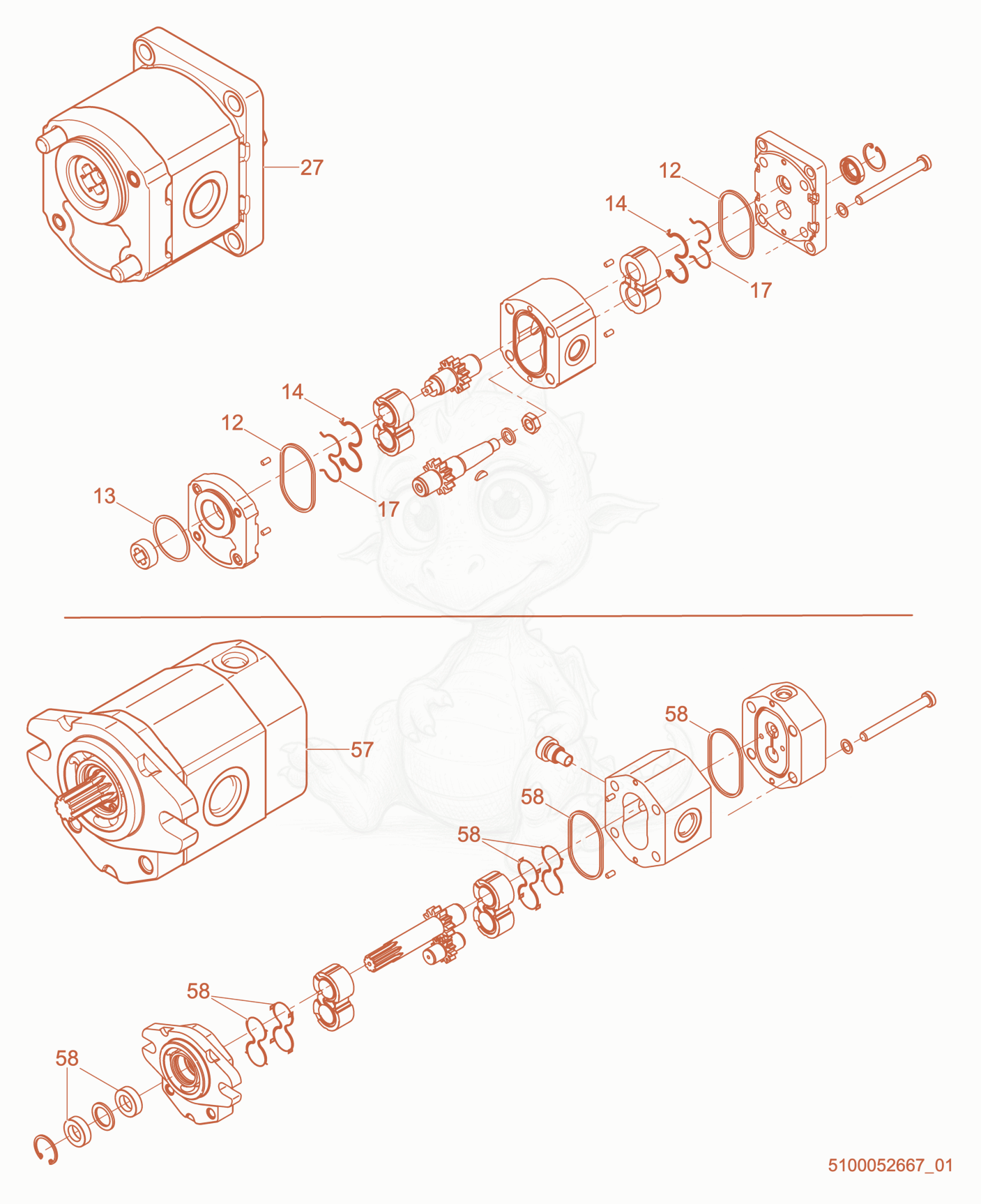 Despiece del Gear Pump/Exciter Motor de una máquina Wacker Neuson RD7HE, con globos numerados