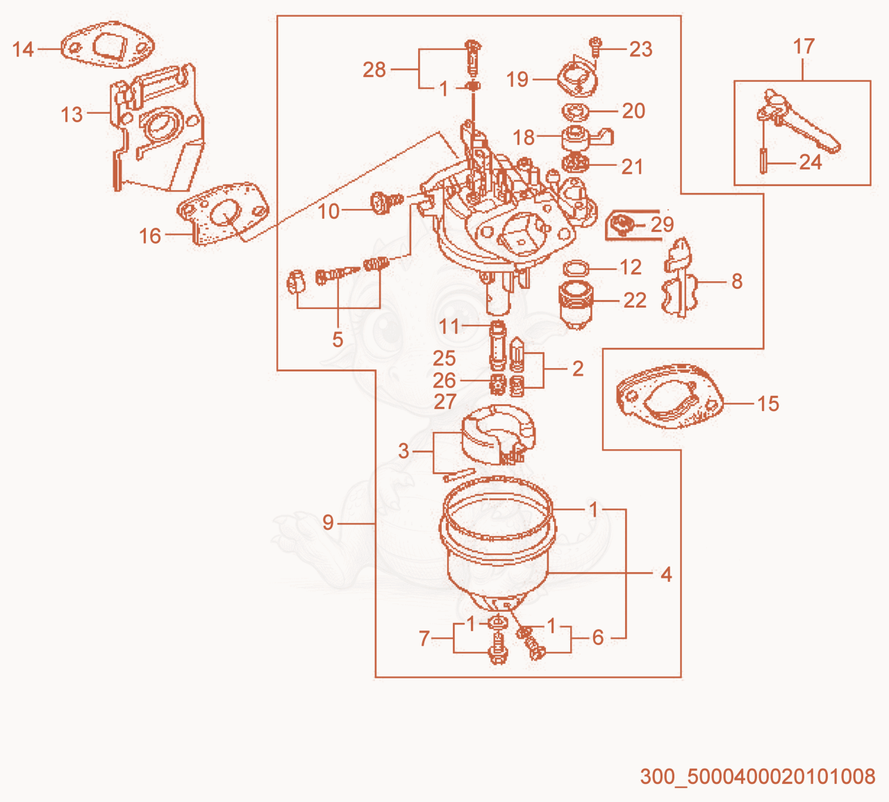Despiece del Carburetor cpl. de una máquina Wacker Neuson WP1235AW-L, con globos numerados