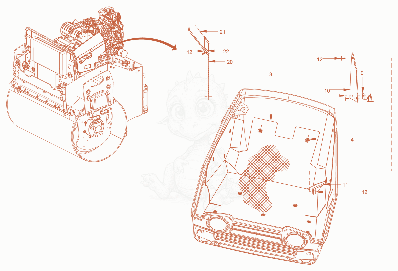 Exploded parts diagram of the sound insulation of a Wacker Neuson RD28-120DPF, with numbered balloons