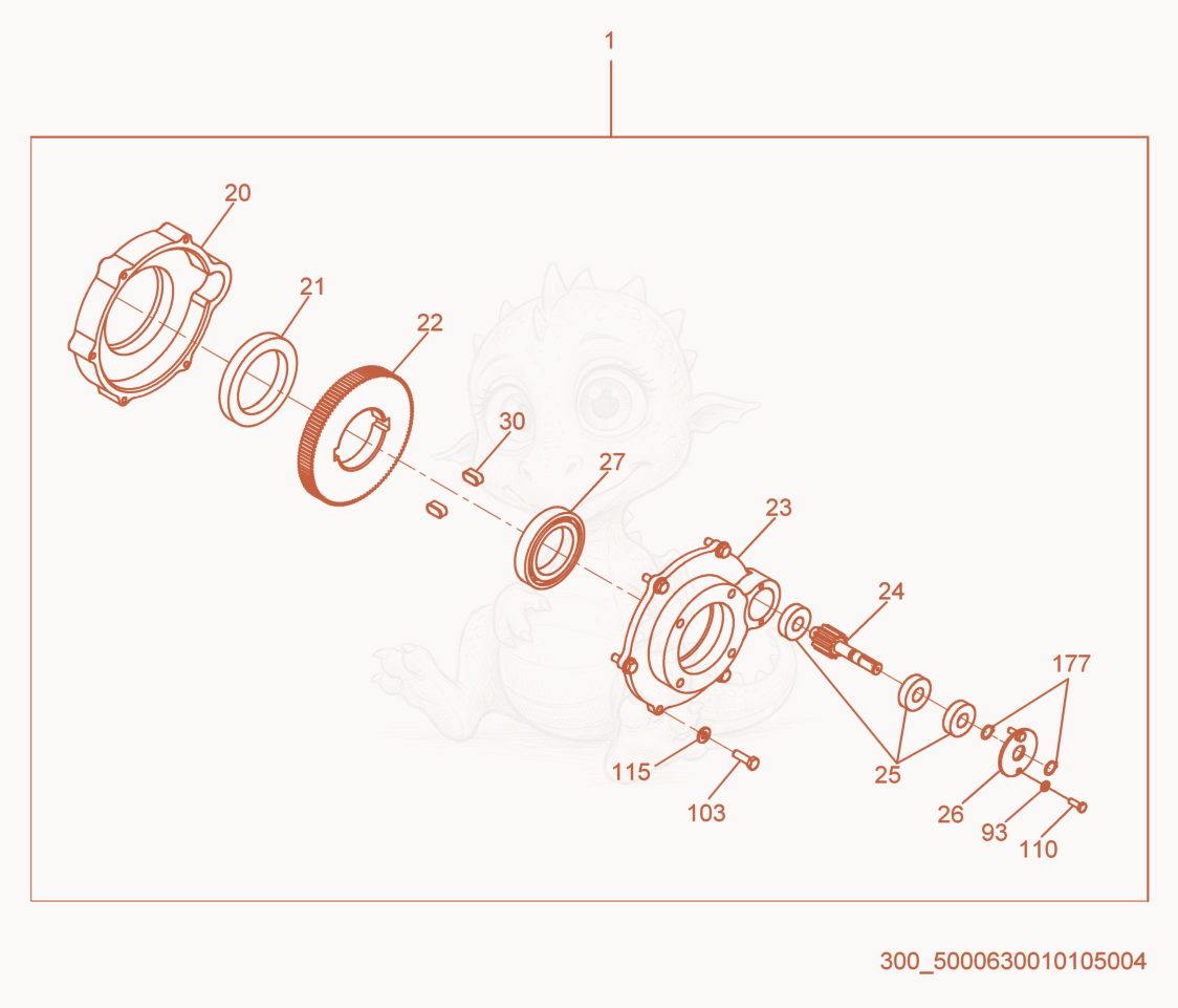 Exploded parts diagram of the Gearbox cpl. of a Wacker Neuson RS600A, with numbered balloons