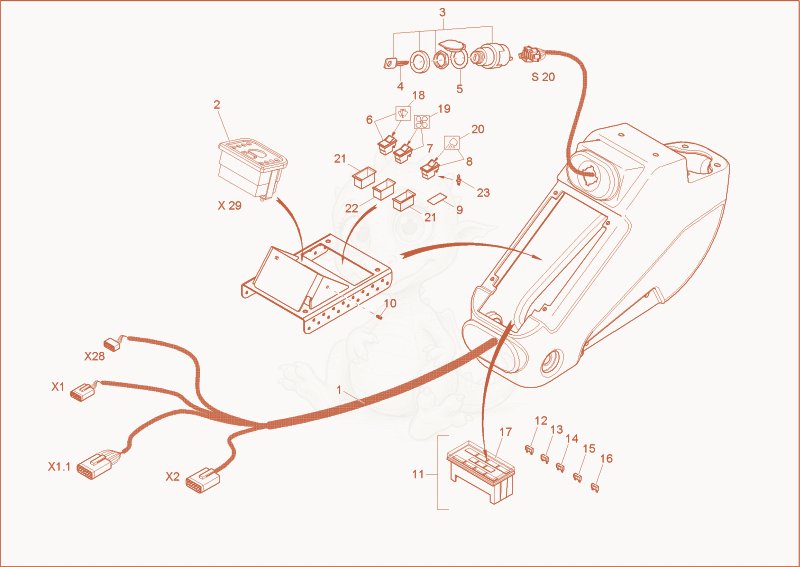Exploded parts diagram of the wiring harness armrest of a Wacker Neuson 1403RD, with numbered balloons