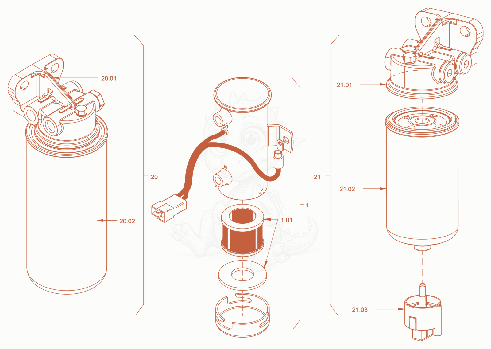 Exploded parts diagram of the fuel filter of a Wacker Neuson RD40-130OUS, with numbered balloons