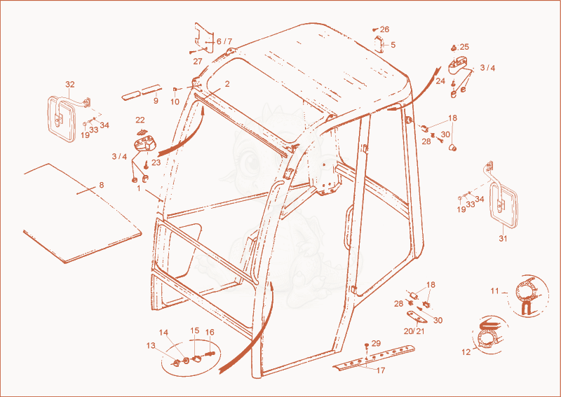 Despiece del CABIN FRAME de una máquina Wacker Neuson 3402RDFORCE, con globos numerados