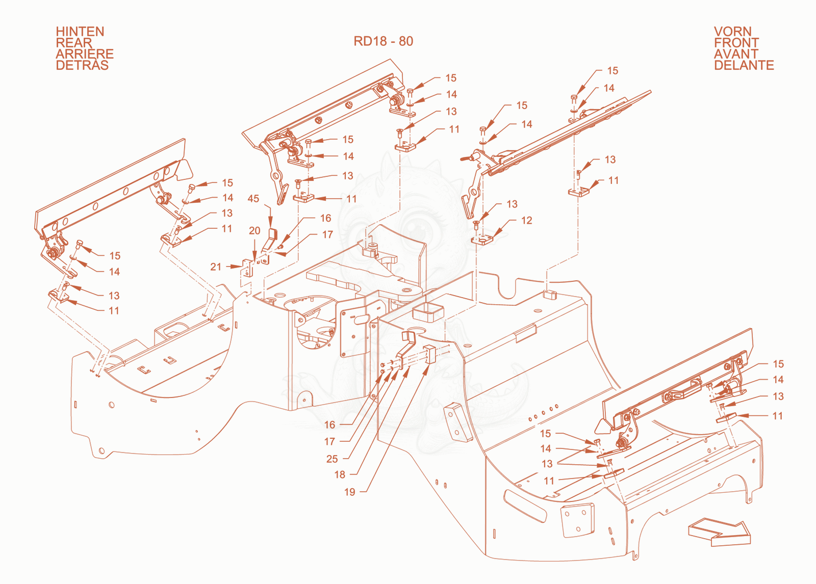 Exploded parts diagram of the scraper (without track offset) of a Wacker Neuson RD18-80, with numbered balloons
