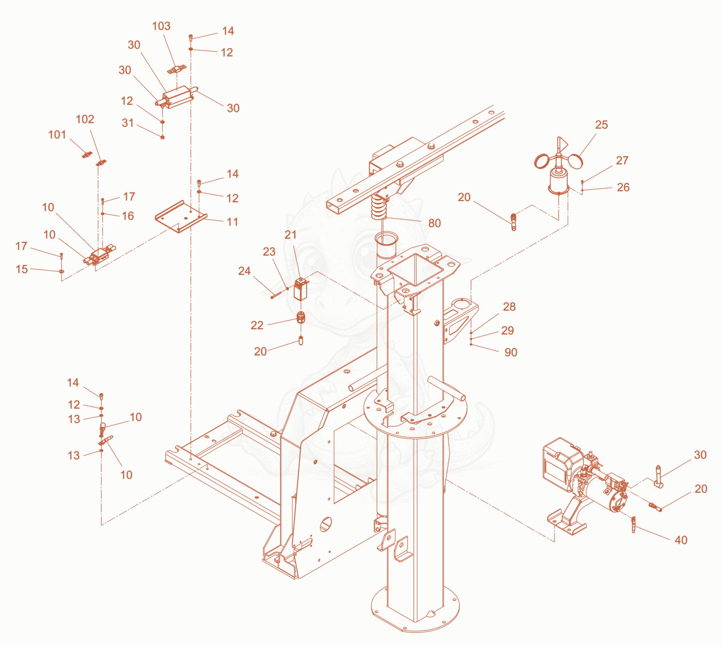 Exploded parts diagram of the cabling ,light pole of a Wacker Neuson LTN5YPK, with numbered balloons