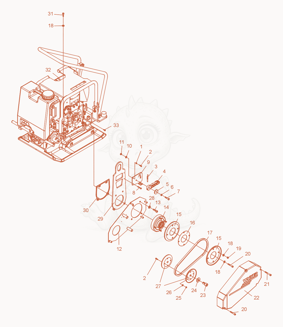Exploded parts diagram of the Vibratory Plate cpl. of a Wacker Neuson DPS1850HASPHALT, with numbered balloons