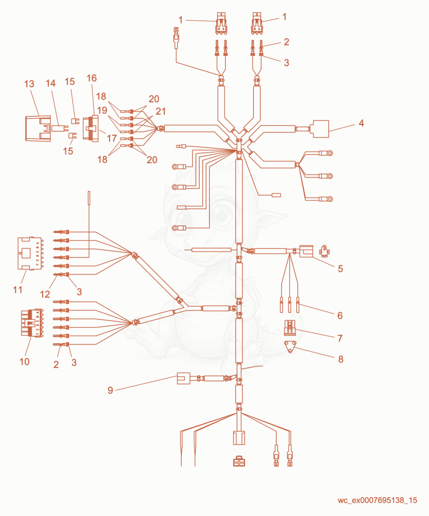 Exploded parts diagram of the Main Wiring Harness of a Wacker Neuson RD11AEC, with numbered balloons