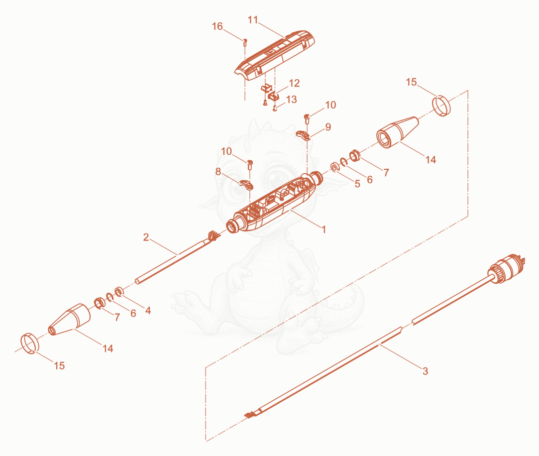 Exploded parts diagram of the Power cable with bodyguard of a Wacker Neuson ARFU26/6/120US, with numbered balloons