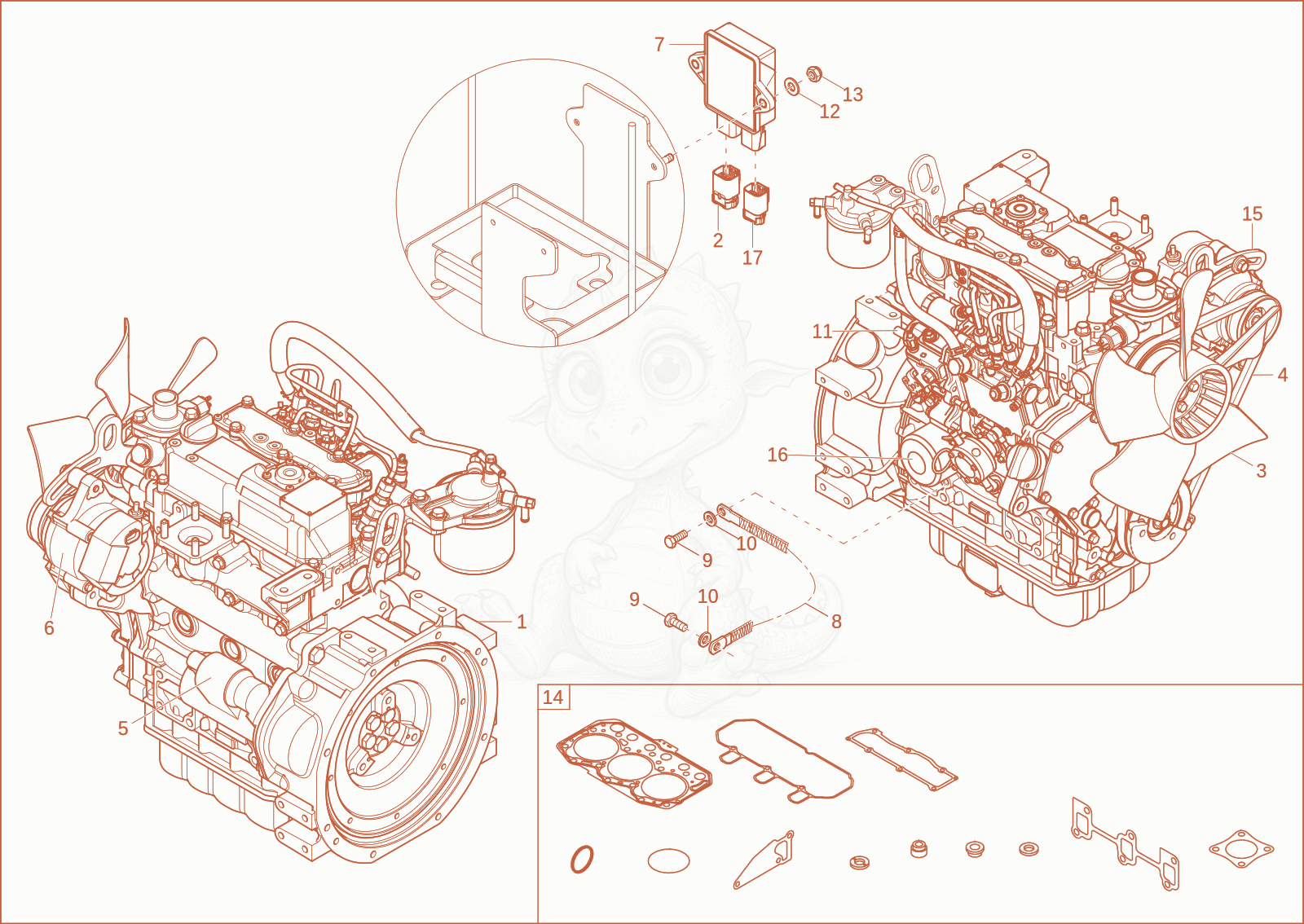 Despiece del diesel engine SPC de una máquina Wacker Neuson ET08, con globos numerados
