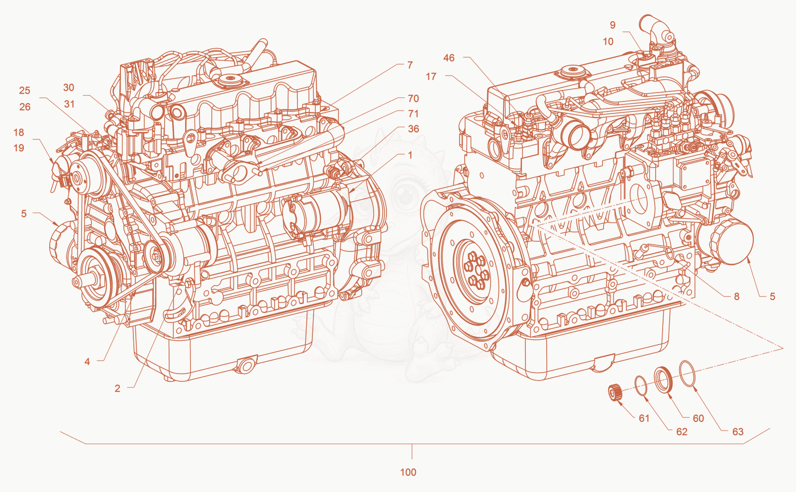 Exploded parts diagram of the pump drive and engine assembly of a Wacker Neuson RD40-130C.3, with numbered balloons