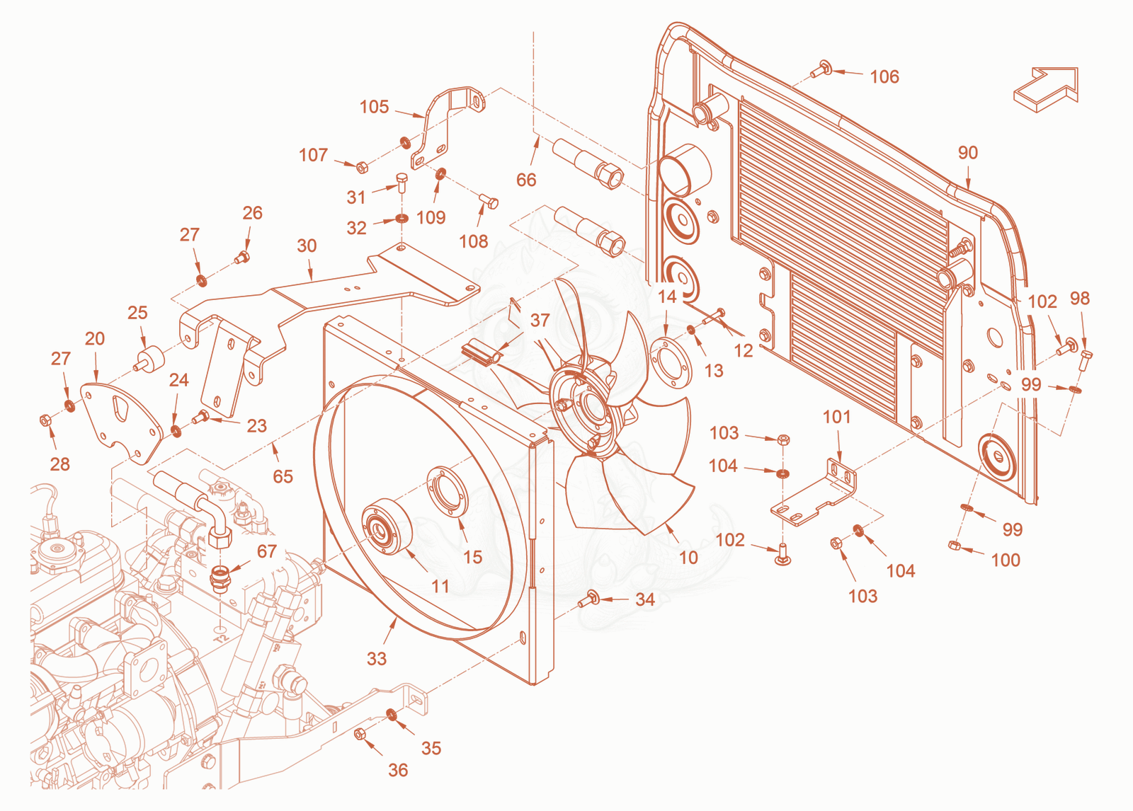 Exploded parts diagram of the cooling (engine/hydraulic oil) of a Wacker Neuson RD18-100C, with numbered balloons