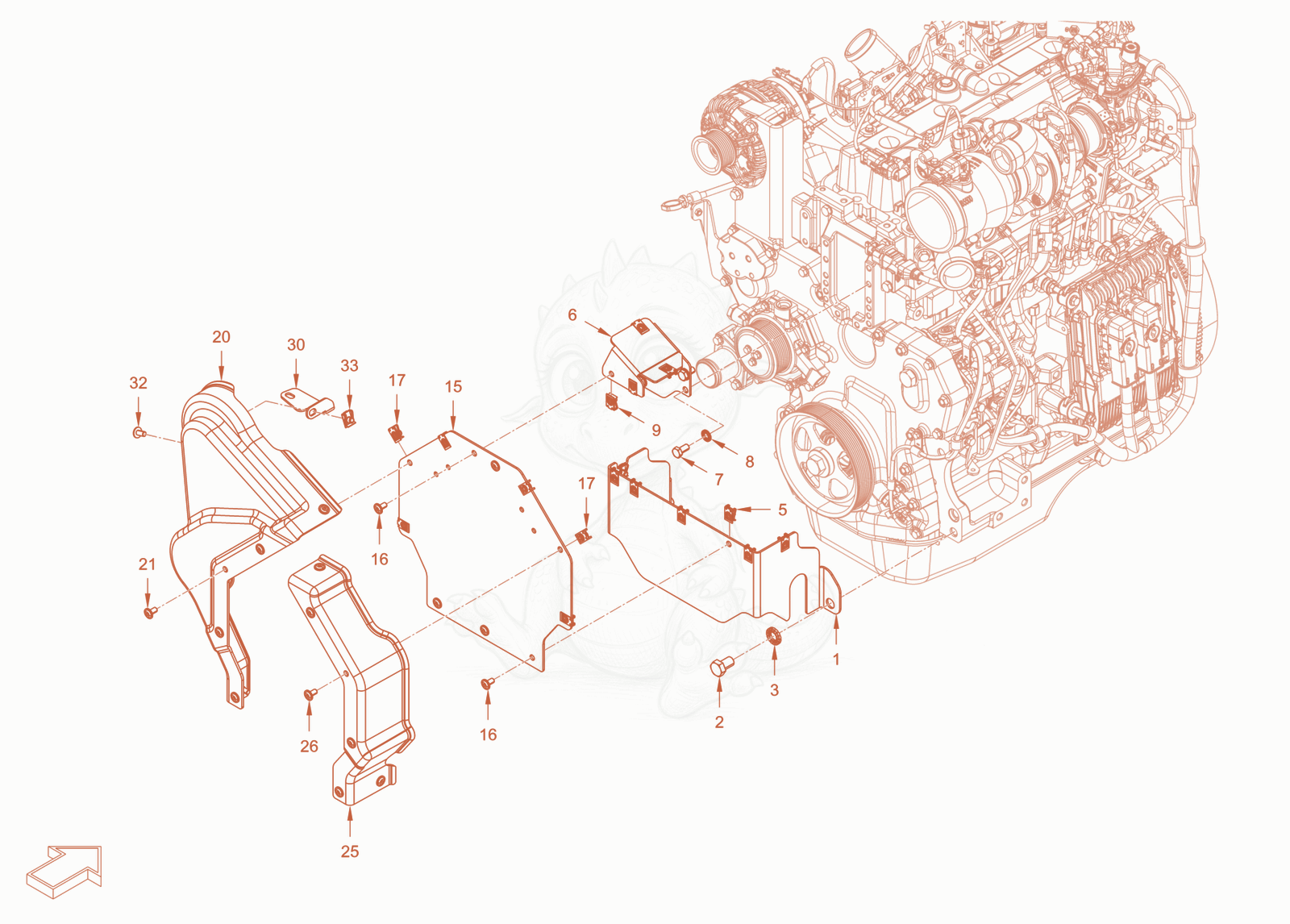 Exploded parts diagram of the pump drive and engine assembly of a Wacker Neuson RC110CAB, with numbered balloons