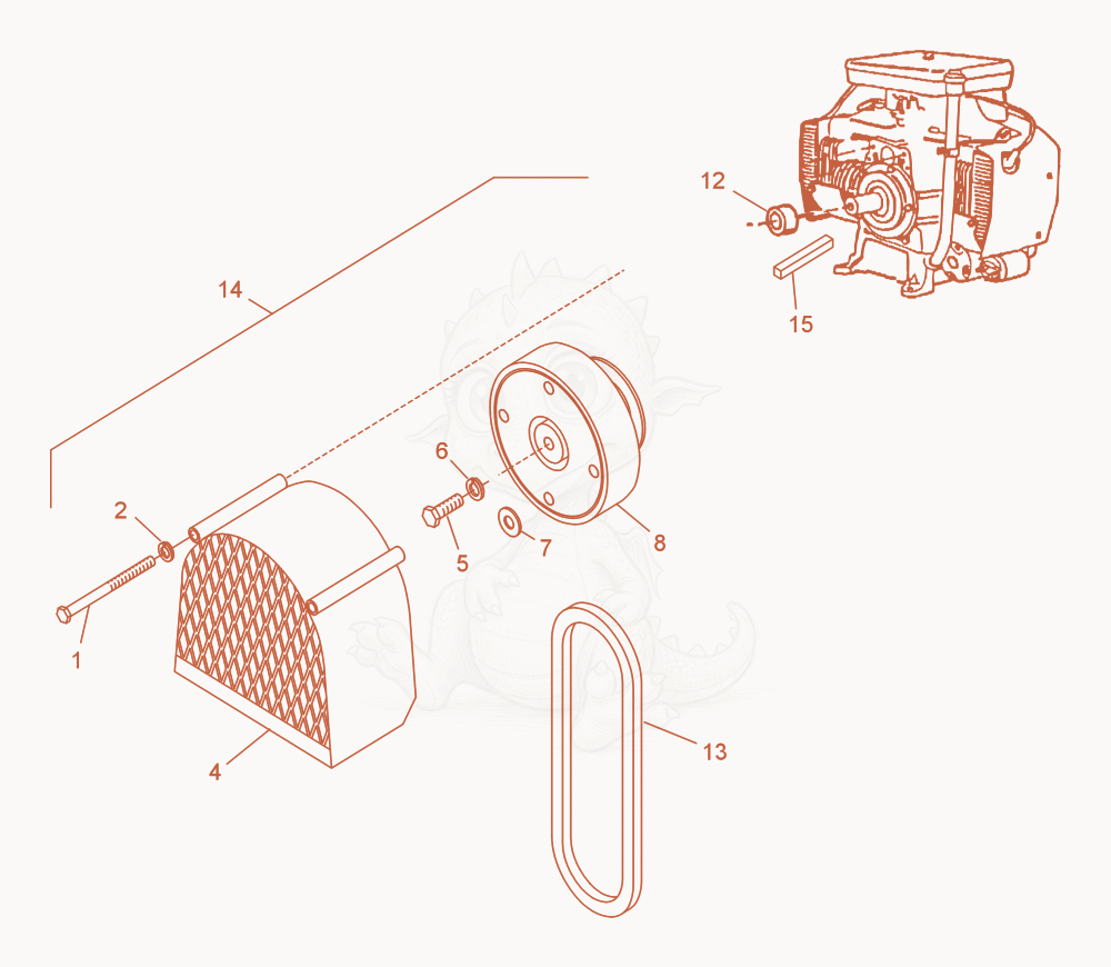 Exploded parts diagram of the Clutch/Belt/Beltguard of a Wacker Neuson CRT46KHO, with numbered balloons