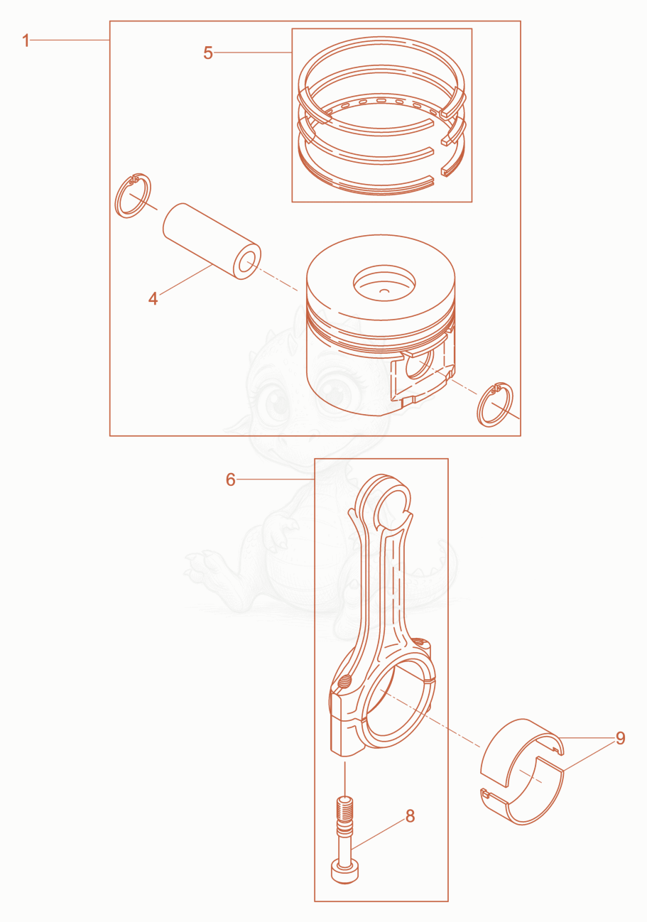 Exploded parts diagram of the Piston, Connecting rod of a Wacker Neuson XPUKMAT, with numbered balloons