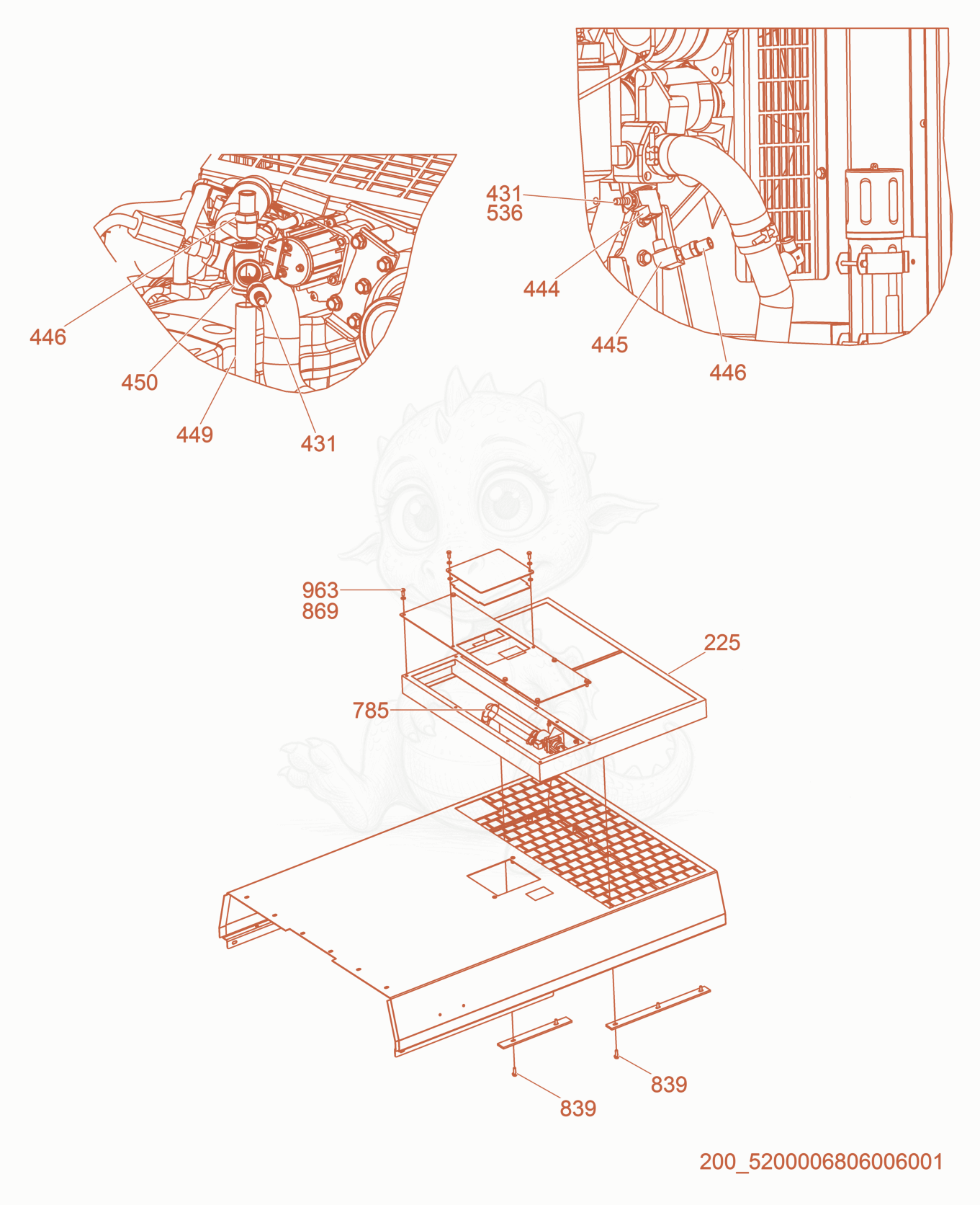 Exploded parts diagram of the Option-Radiator Shutter of a Wacker Neuson G100, with numbered balloons