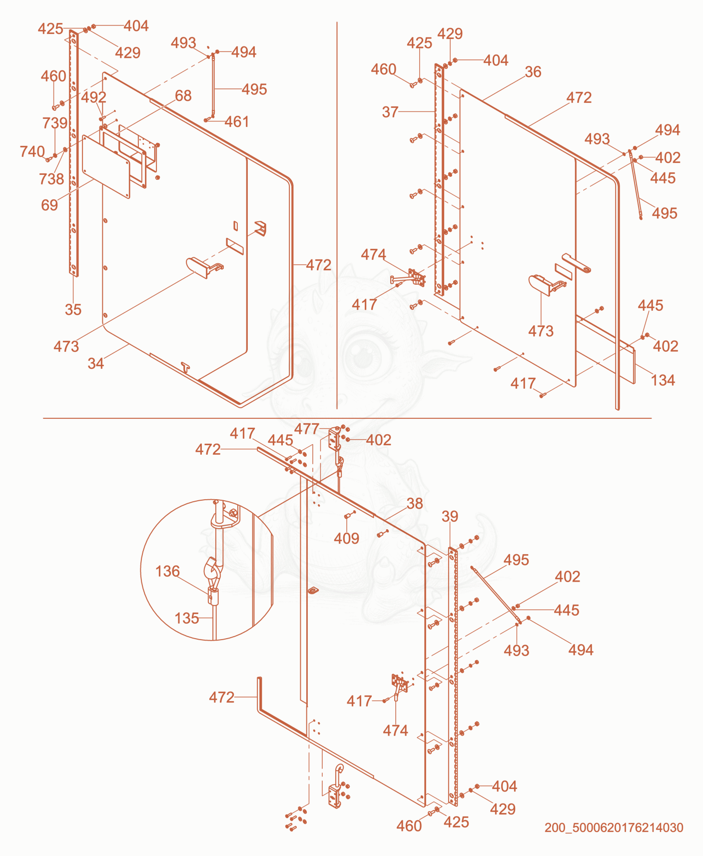 Exploded parts diagram of the Doors cpl. of a Wacker Neuson E2200, with numbered balloons