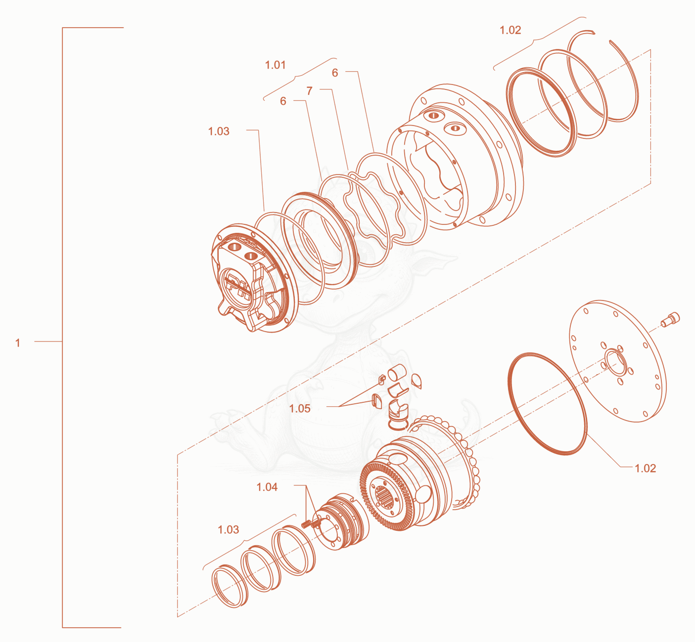 Exploded parts diagram of the gear hub motor of a Wacker Neuson RD28-120C, with numbered balloons