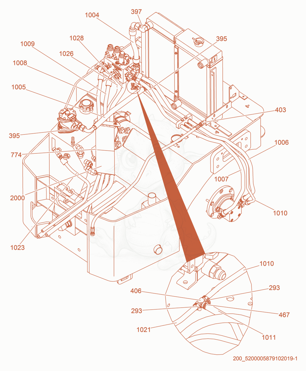 Exploded parts diagram of the Hydraulics-Front Frame (2) of a Wacker Neuson RD27-120, with numbered balloons
