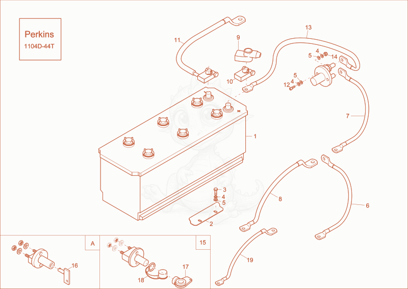 Exploded parts diagram of the battery of a Wacker Neuson DW60, with numbered balloons