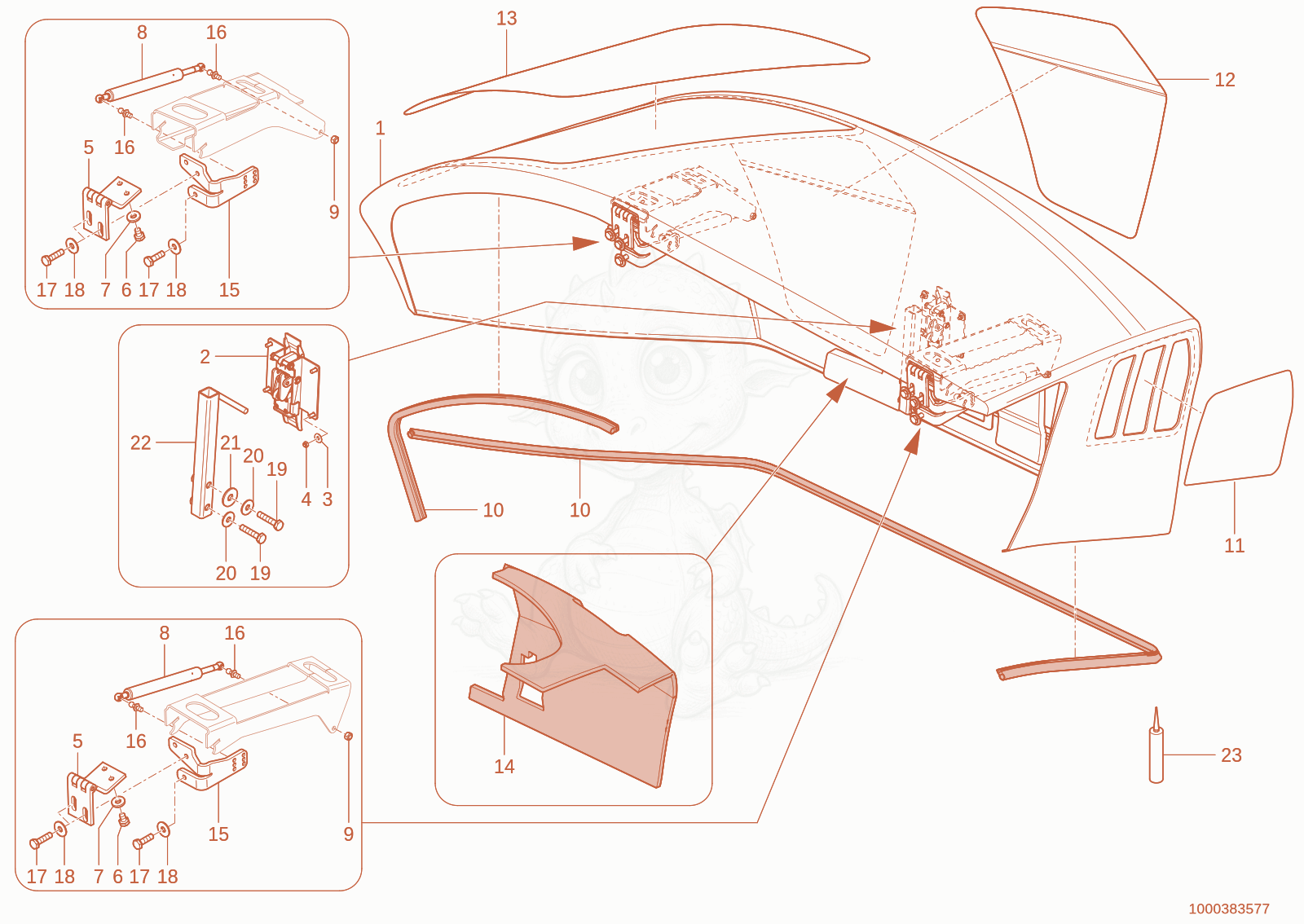 Exploded parts diagram of the engine hood of a Wacker Neuson TH755(416-24), with numbered balloons