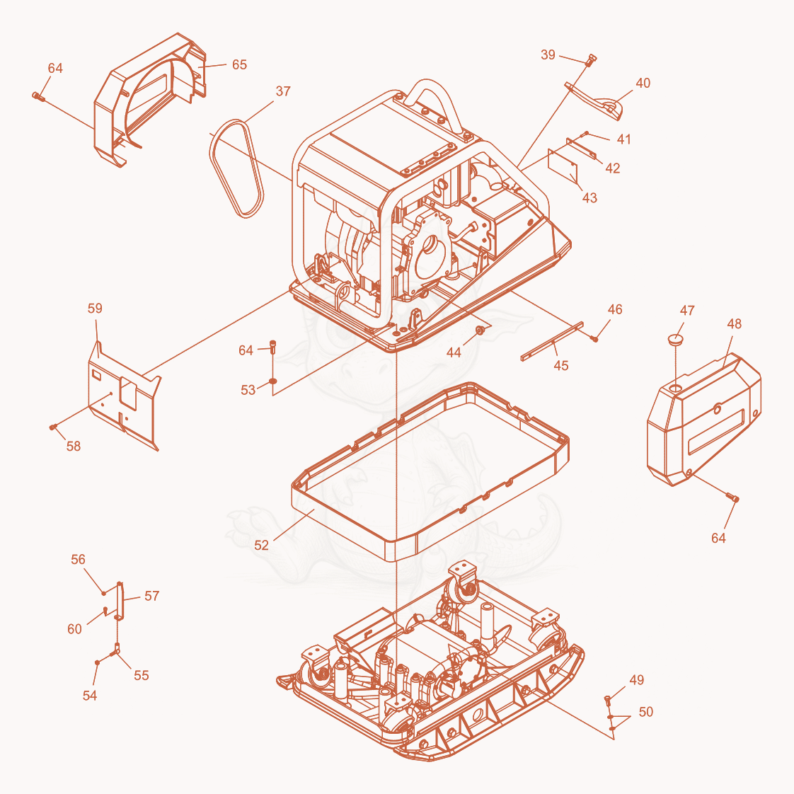 Exploded parts diagram of the Vibratory Plate cpl. of a Wacker Neuson DPU6055, with numbered balloons