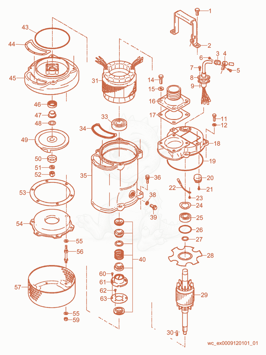 Exploded parts diagram of the Pump Components of a Wacker Neuson PS22203, with numbered balloons