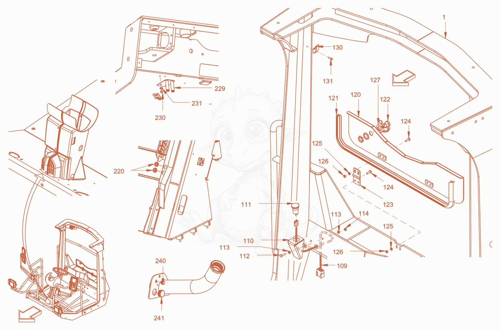 Exploded parts diagram of the roll over protection of a Wacker Neuson RC110PUSROPS, with numbered balloons