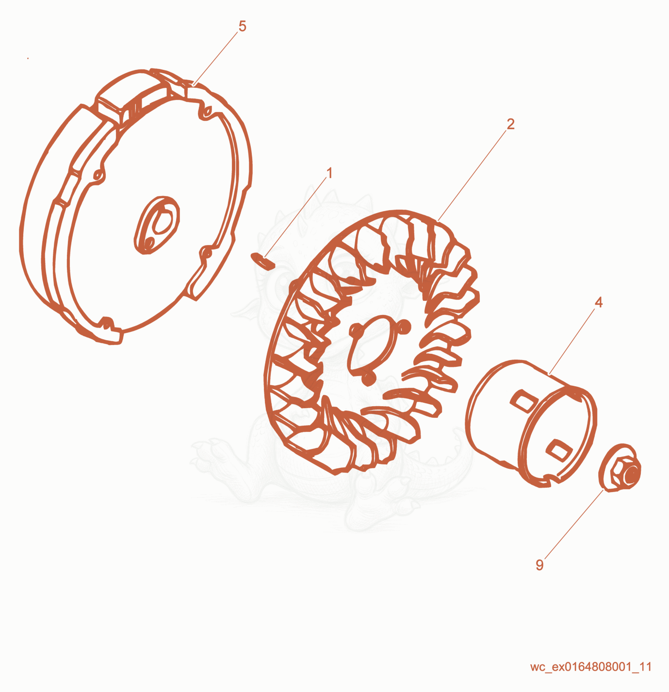 Despiece del Flywheel de una máquina Wacker Neuson CT36-5AEU, con globos numerados