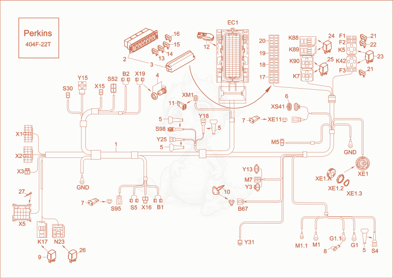 Despiece del wire harness chassis, engine de una máquina Wacker Neuson EZ53, con globos numerados