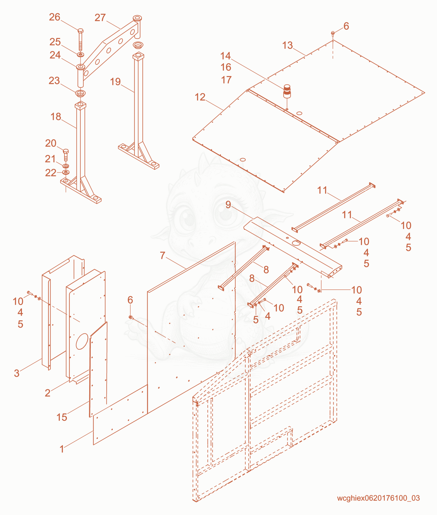 Exploded parts diagram of the Upper Enclosure cpl. of a Wacker Neuson E700M, with numbered balloons