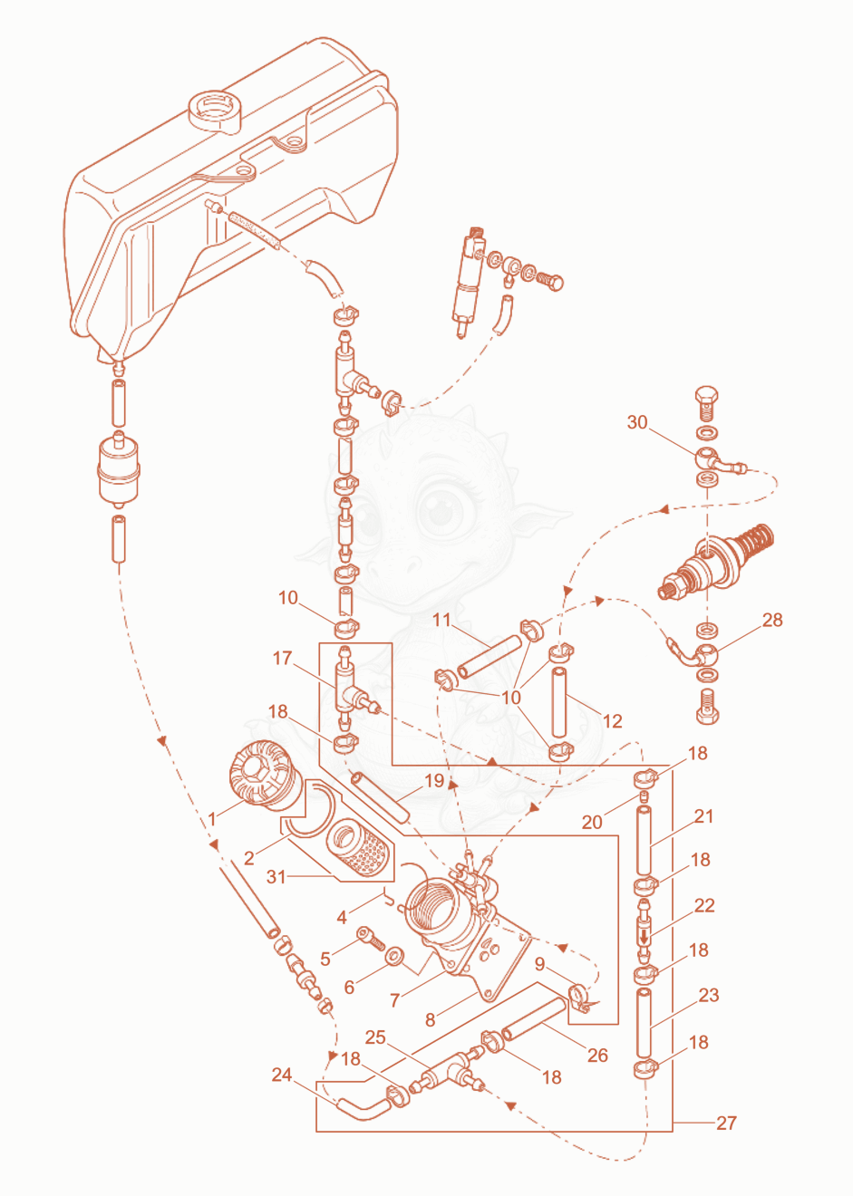 Exploded parts diagram of the Automatic shut-off mech. of a Wacker Neuson RD7HFB, with numbered balloons
