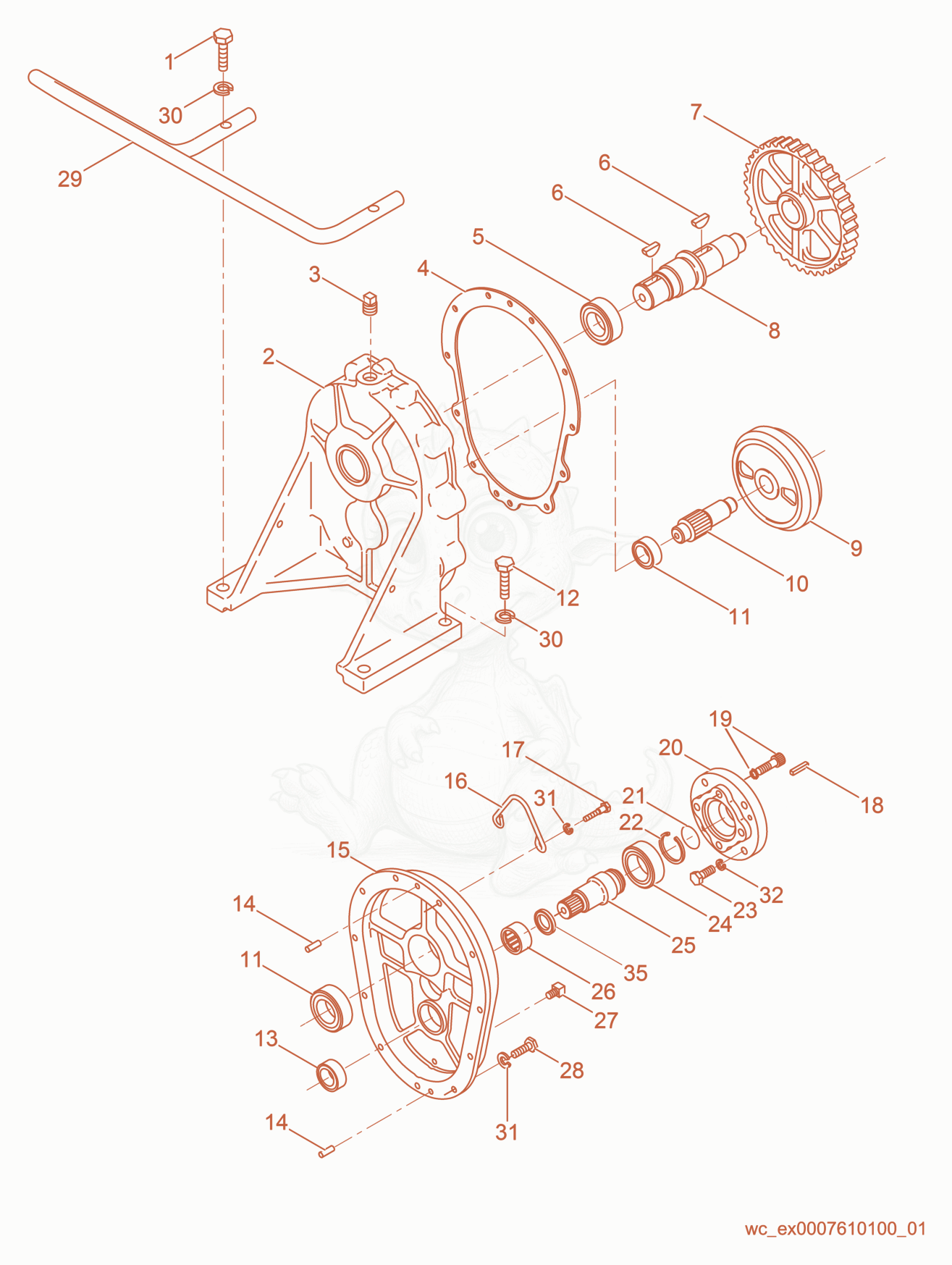 Exploded parts diagram of the Gearbox of a Wacker Neuson PDT2B, with numbered balloons