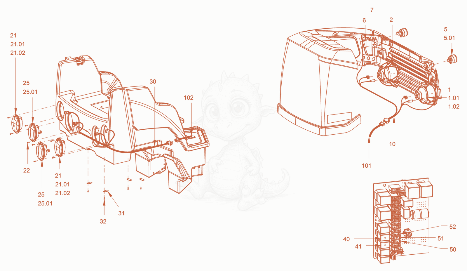 Exploded parts diagram of the electrical system (with lighting) of a Wacker Neuson RD45-140US, with numbered balloons