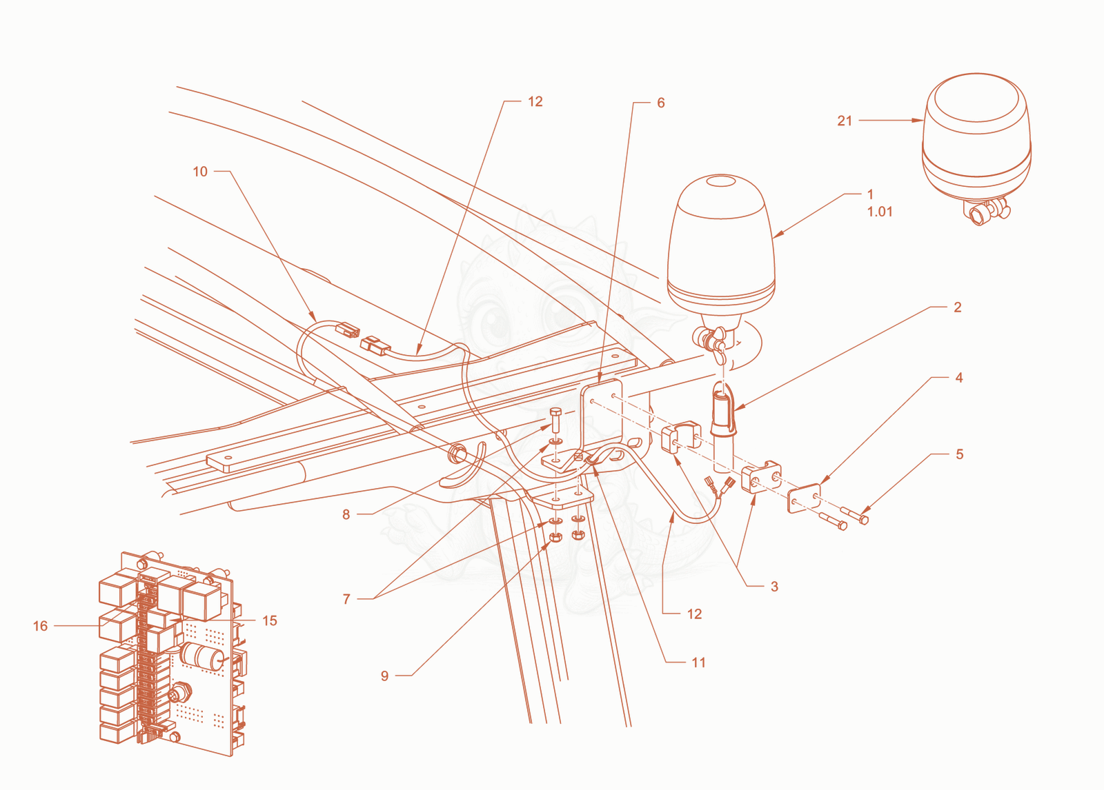 Exploded parts diagram of the rotary beacon of a Wacker Neuson RD40-130CDPF, with numbered balloons