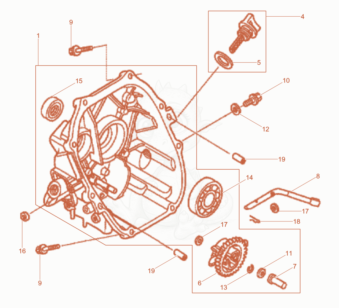 Exploded parts diagram of the Crankcase cover of a Wacker Neuson BS68-4AB/28, with numbered balloons
